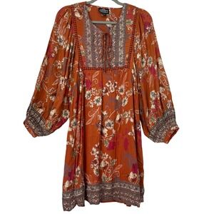 Angie Women Size Small Boho Mini Dress Rust Orange Floral Paisley Balloon Sleeve